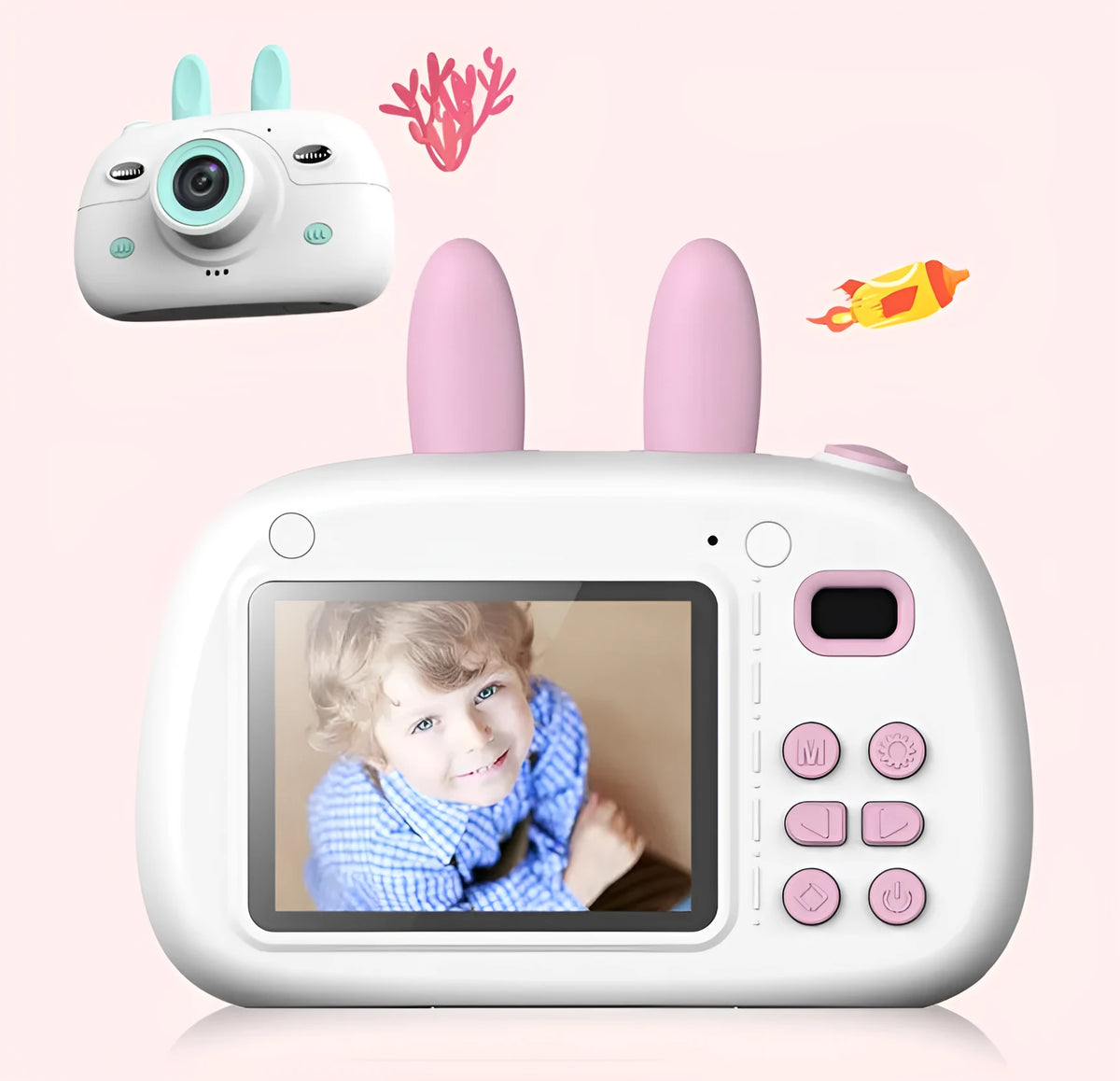 Cartoon rabbit video recorder with 1080P dual camera, double flash, zero focus lens, green or pink body
