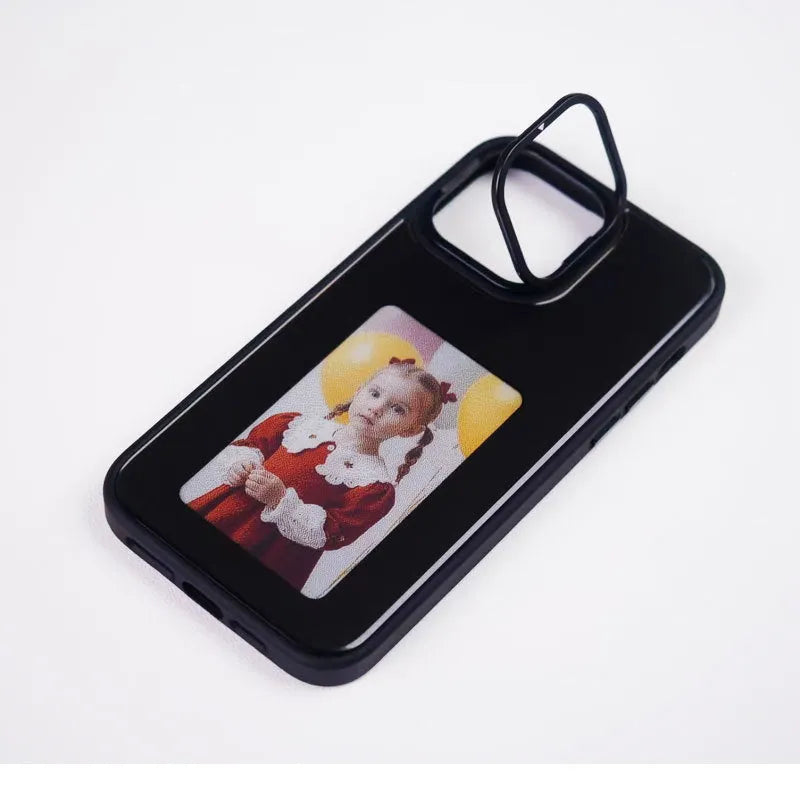 NFC projection screen four-colour e-ink bracket phone case for iPhone in graphite black, pink, or green.