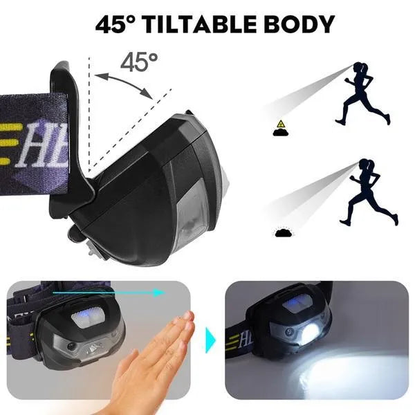 LED headlamp 3000LM mini motion sensor rechargeable headlight for outdoor use black