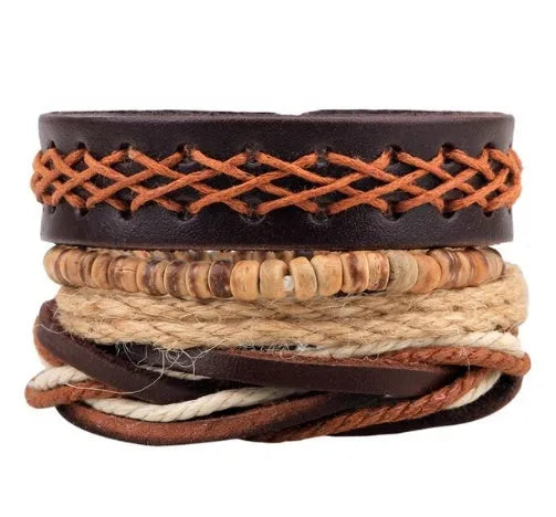 Handwoven adjustable leather bracelet with multilayer wooden beads and rope for a vintage punk style.