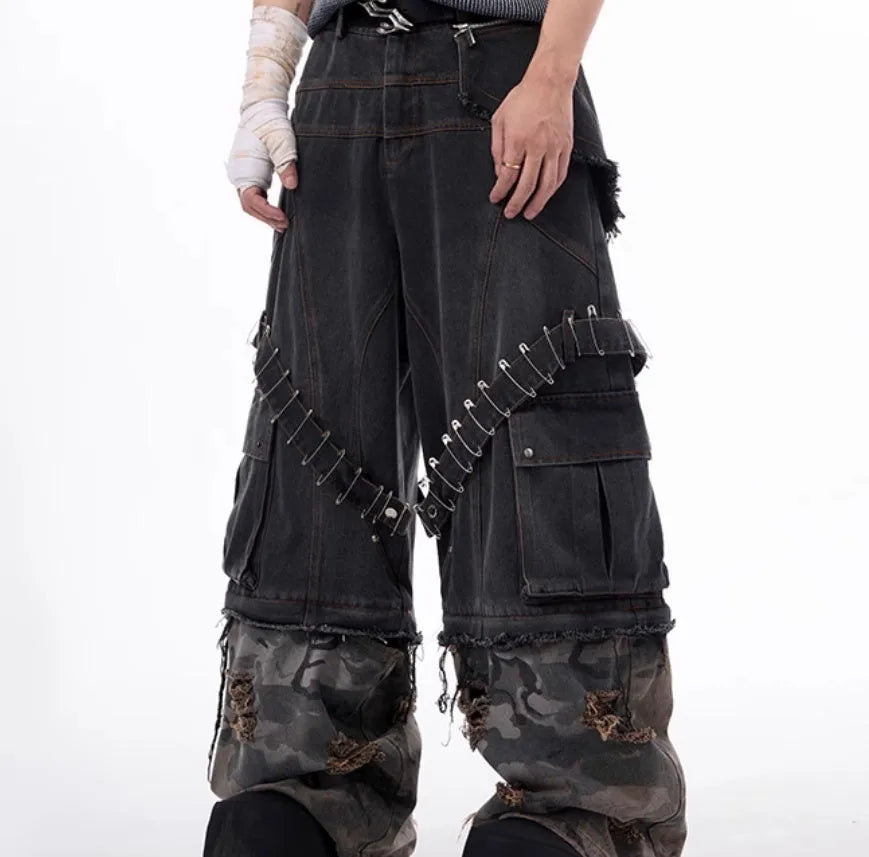 Men's grey camouflage jeans with splicing structure and pin ribbon detailing in cotton denim