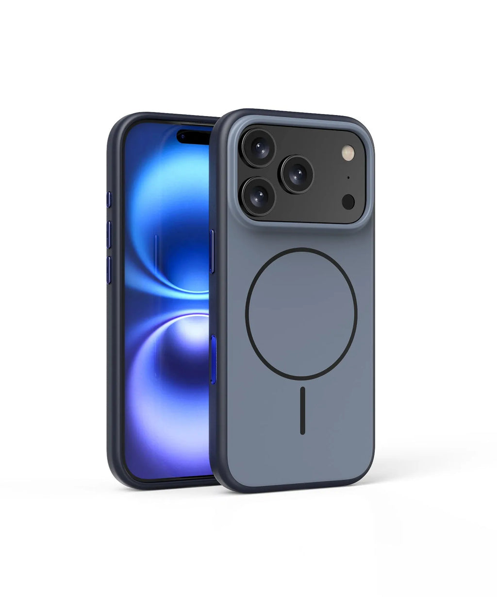 Blue frosted magnetic iPhone case showing a side button labelled 'AI' for camera controls.
