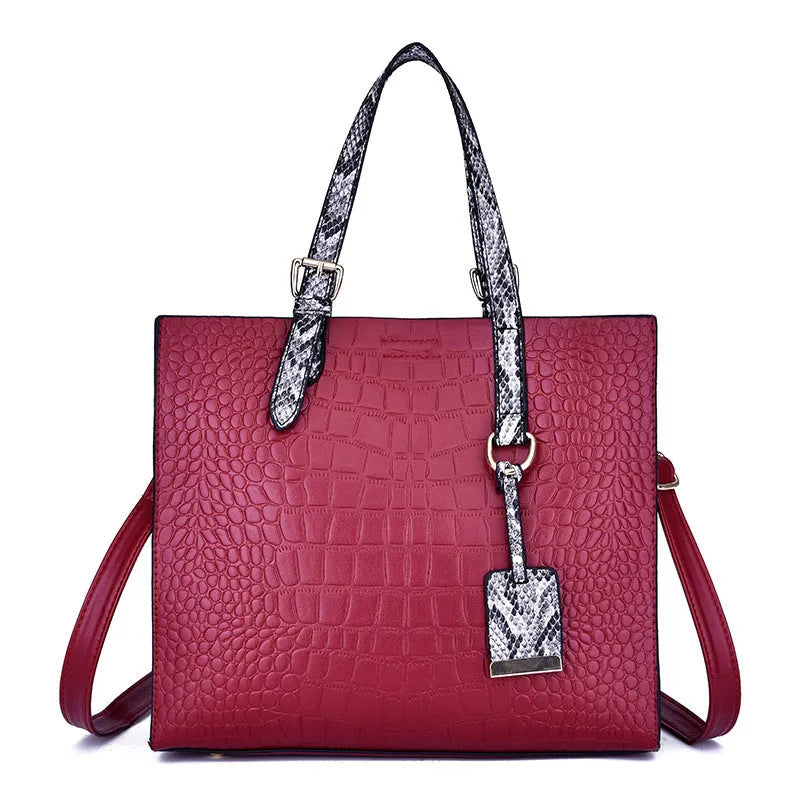 Women's diagonal cross body PU bag, 25x29x10cm stone tote in black with crocodile pattern