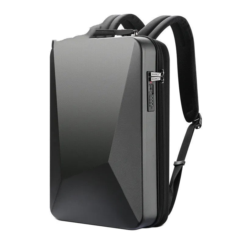 A hard-shell lockable backpack in black, showing its structured shape, front rhombus texture, and padded shoulder straps.