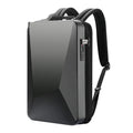 A hard-shell lockable backpack in black, showing its structured shape, front rhombus texture, and padded shoulder straps.