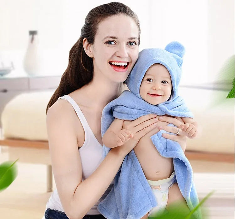 Soft cotton baby care hooded bath towel 65x110cm in pink with hood and border detail