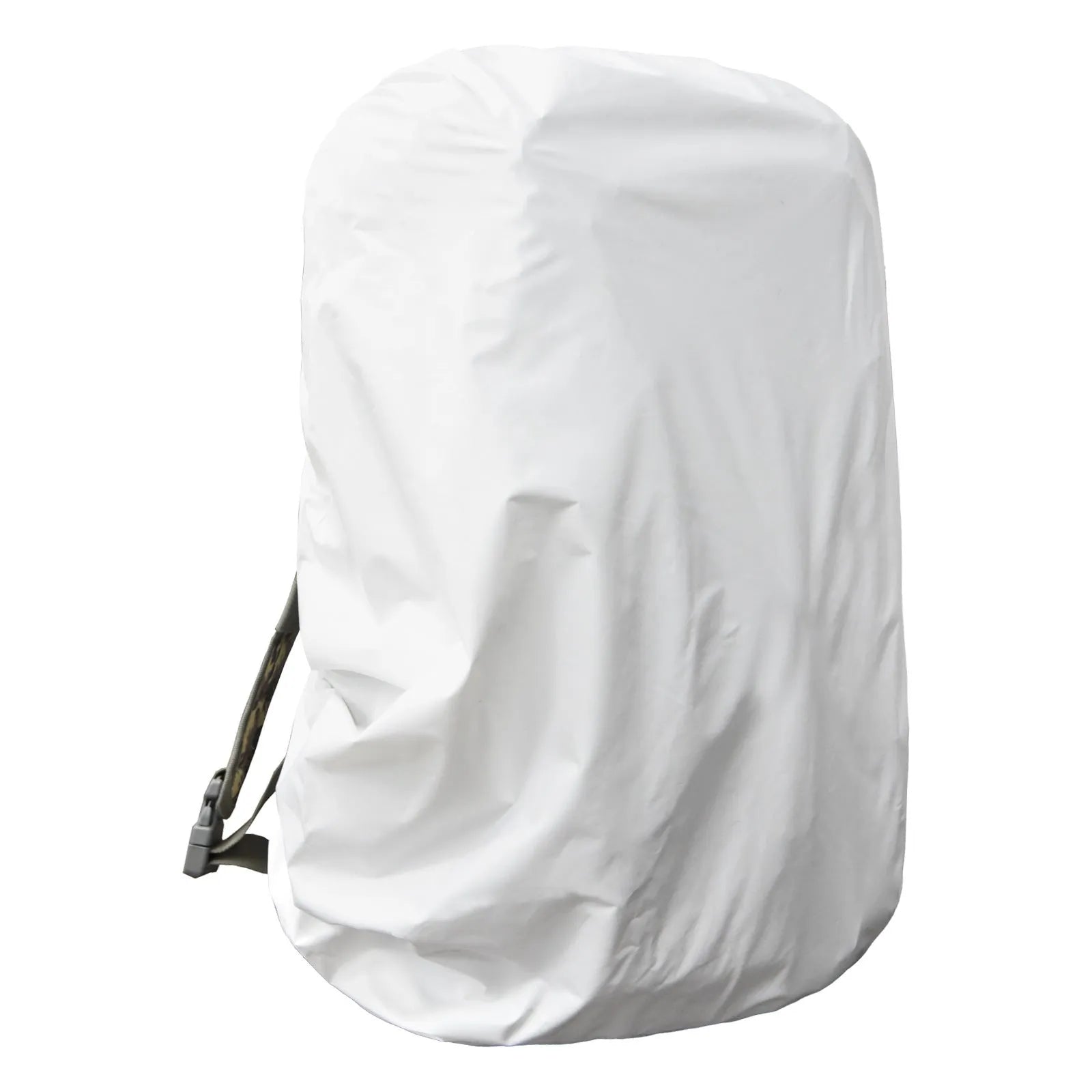 Army green waterproof Pu material rain cover fitted over a large backpack for outdoor use.