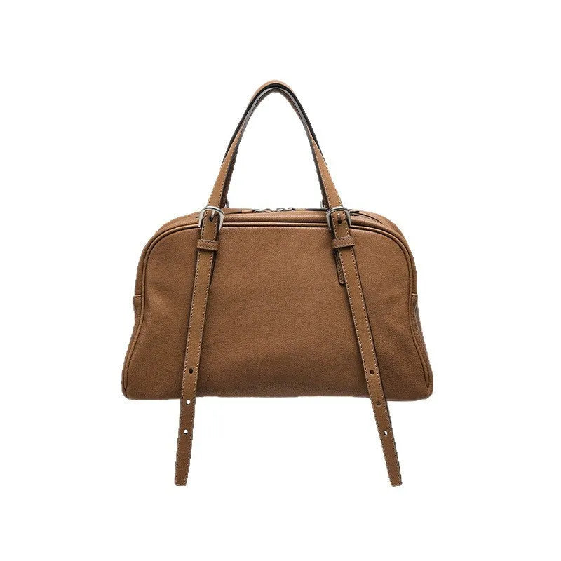 Women's retro style genuine leather shoulder bag with double straps in horizontal square design