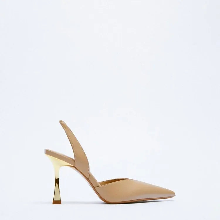 Women's pointed-toe high heels in glossy patent leather with a shallow-cut vamp, in black and apricot.
