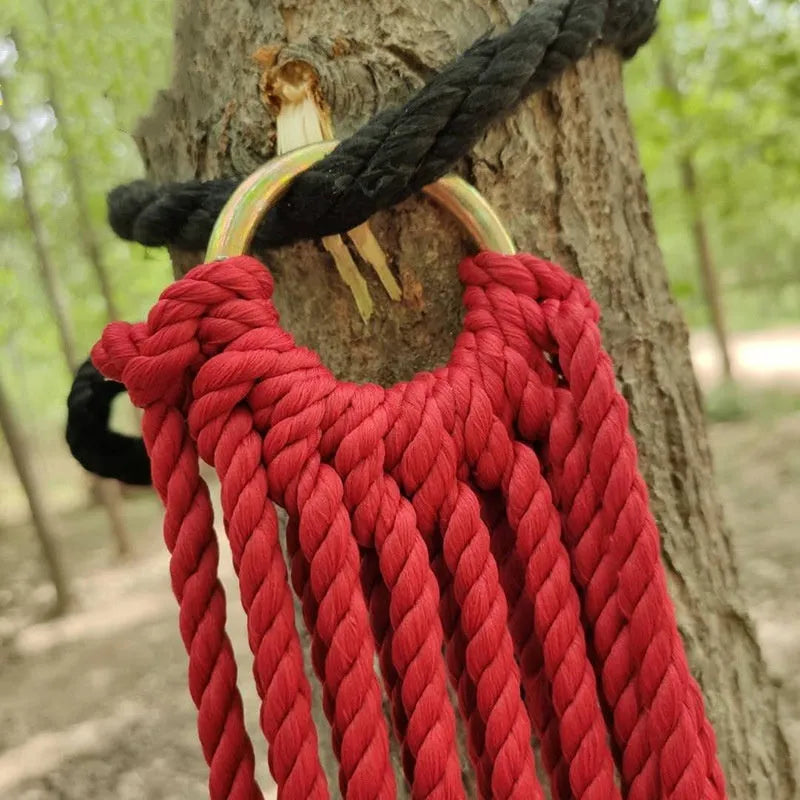 Nylon rope mesh hammock showing 1.1m width and woven construction for outdoor use