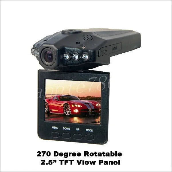 Black HD driving recorder with 2.4-inch rotating colour display, 1280 x 720P video, infrared night vision and USB output