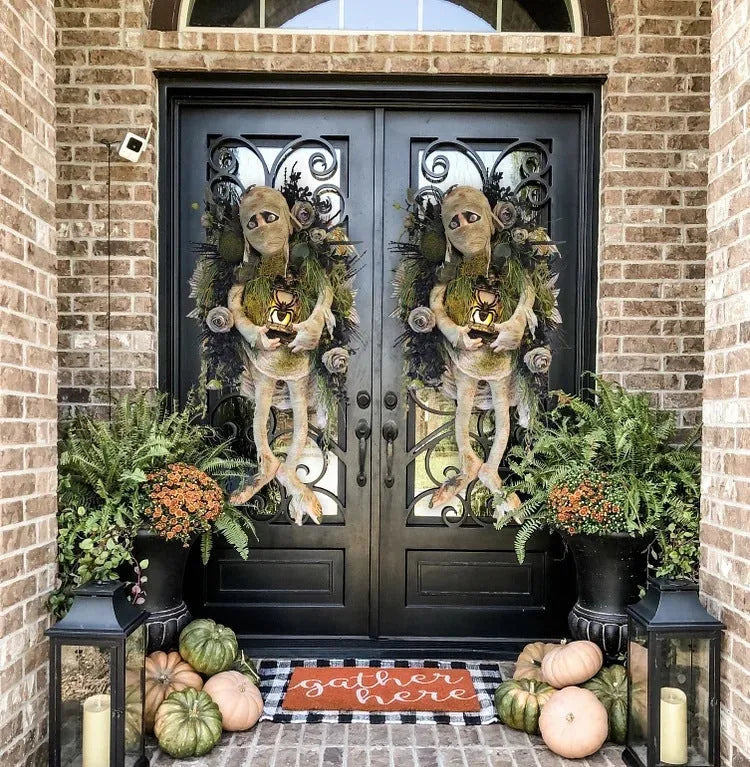 Mummy Halloween wreath with skeleton hands on a door, three dimensional plastic 46cm