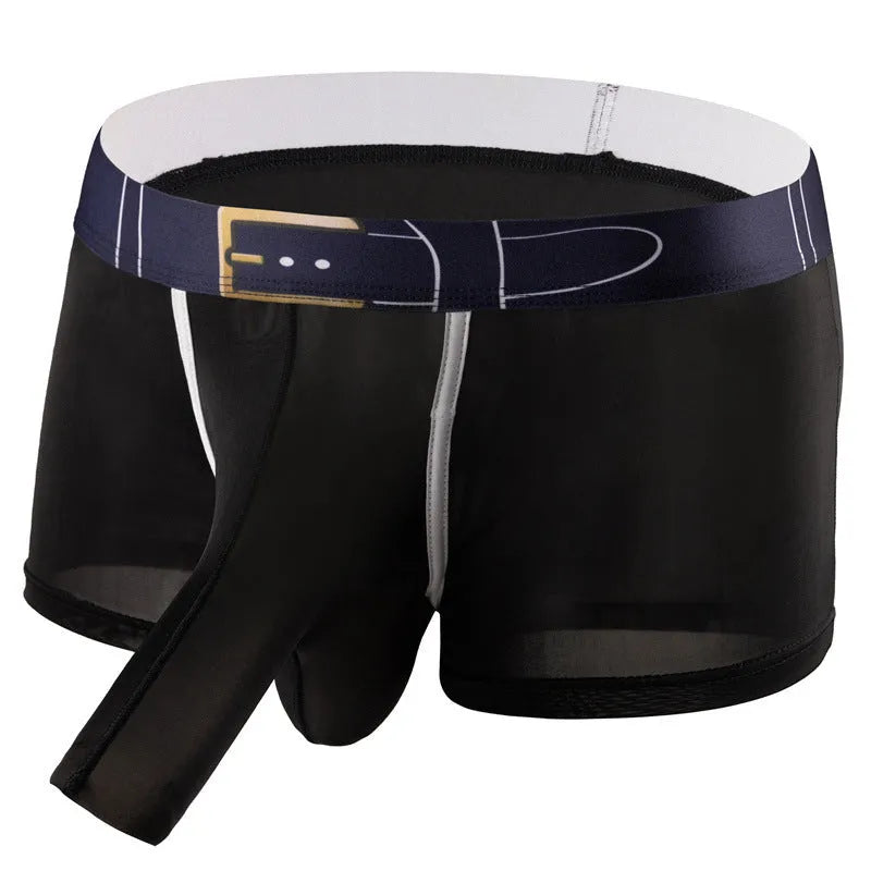 Men's solid colour ice silk boxer shorts on a grey background, showing the mid waist design and lightweight fabric texture.
