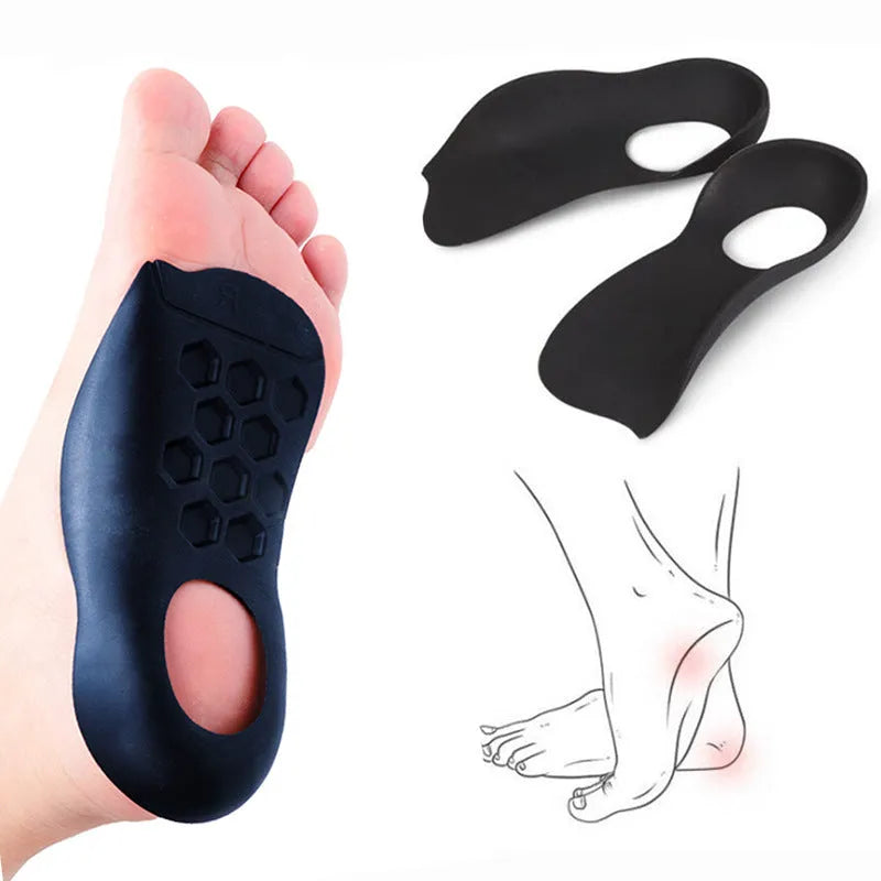 Pair of varus correction arch support insoles in TPR material on a white background.