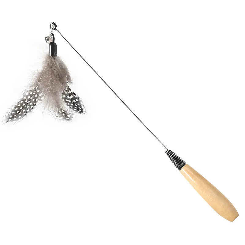 Wooden handle cat teasing stick with feather bell on spring for interactive play