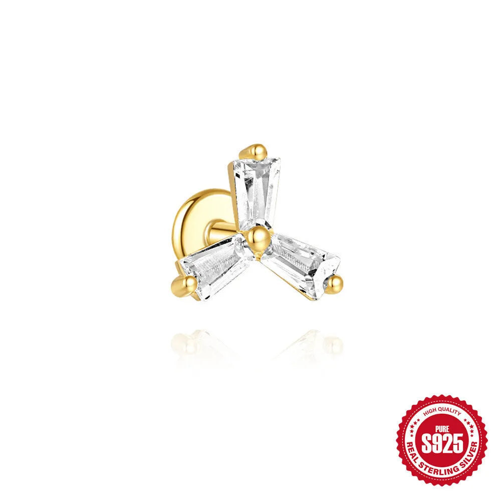 Sterling silver chain stud earrings with zircon inlay in geometric shapes including clover and crown designs