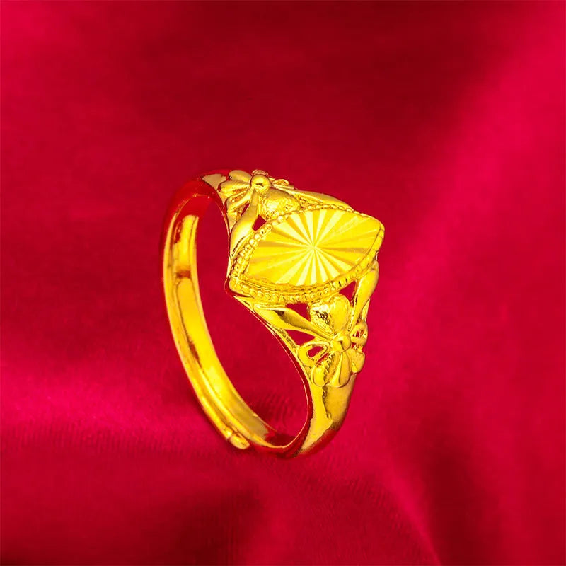 Women's electroplated brass ring with open diamond flower design and geometric texture in gold colour