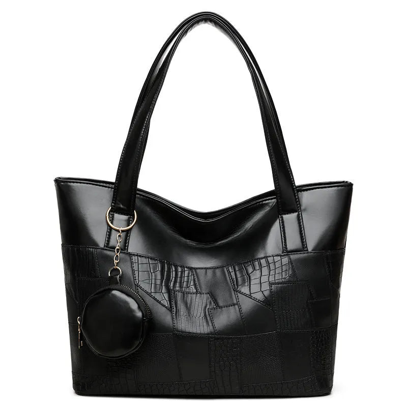 Large capacity soft PU tote bag for women in beige, brown, and black, with double shoulder straps and sewing thread detail.