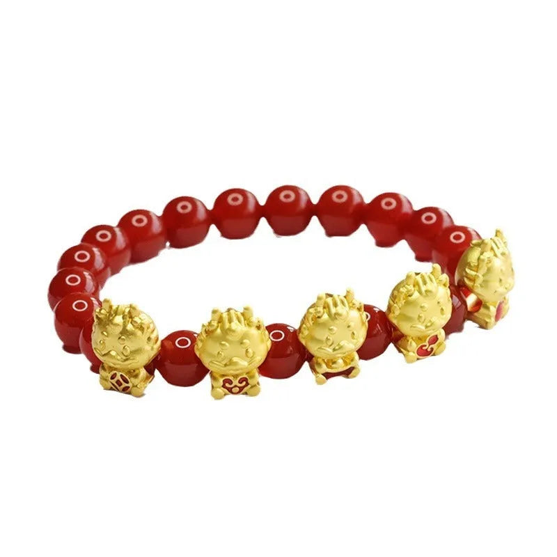 Natural red agate Five Blessing Dragon bracelet with 8mm beads, Chinese style spiritual accessory