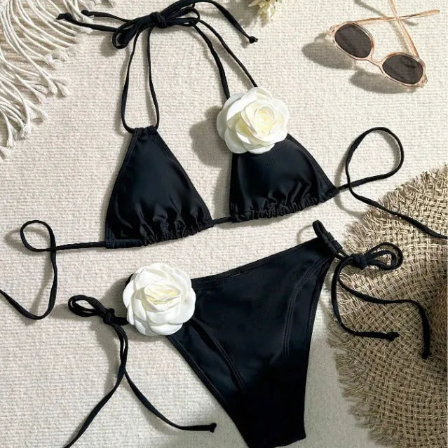 Black 3D flower lace bikini swimsuit with drawstring details and backless design