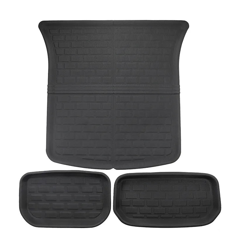 TPR floor mat set for Tesla Model Y including footwell, front box, and rear box mats.