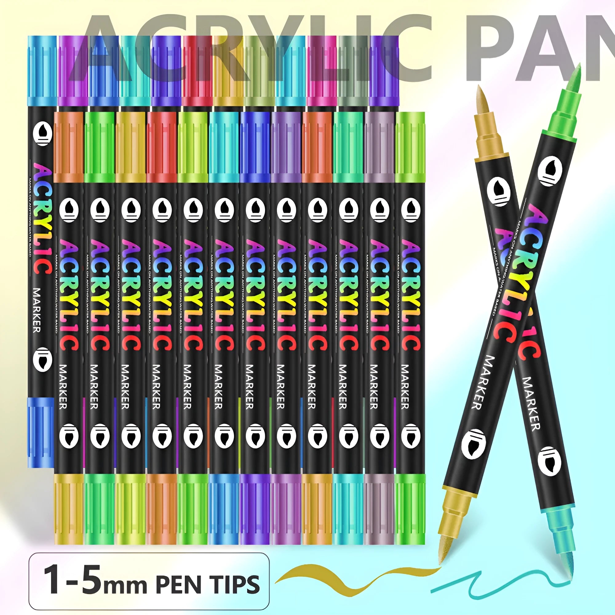 Set of double-headed acrylic marker pens with washable quick-drying ink in various colours