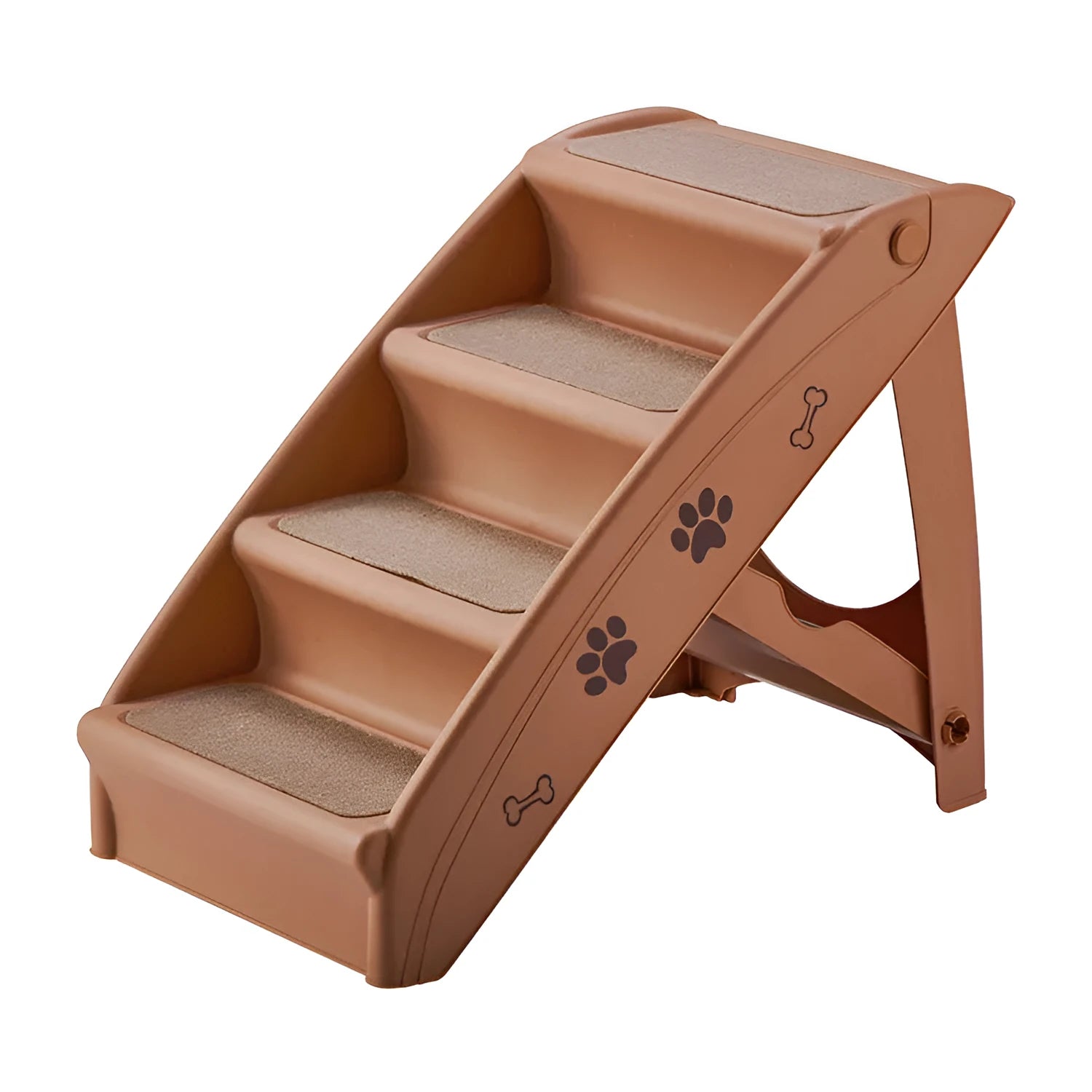 Foldable grey plastic pet step ladder with non-slip mat next to a sofa.