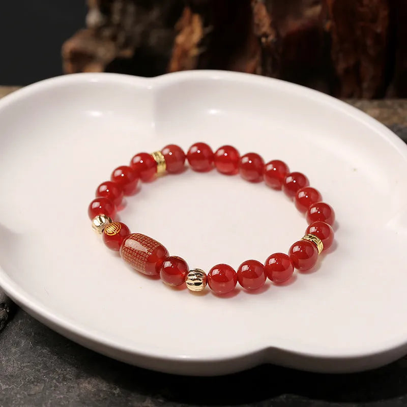 Red Agate Guanyin bracelet rosary with auspicious patterns in New Chinese style.