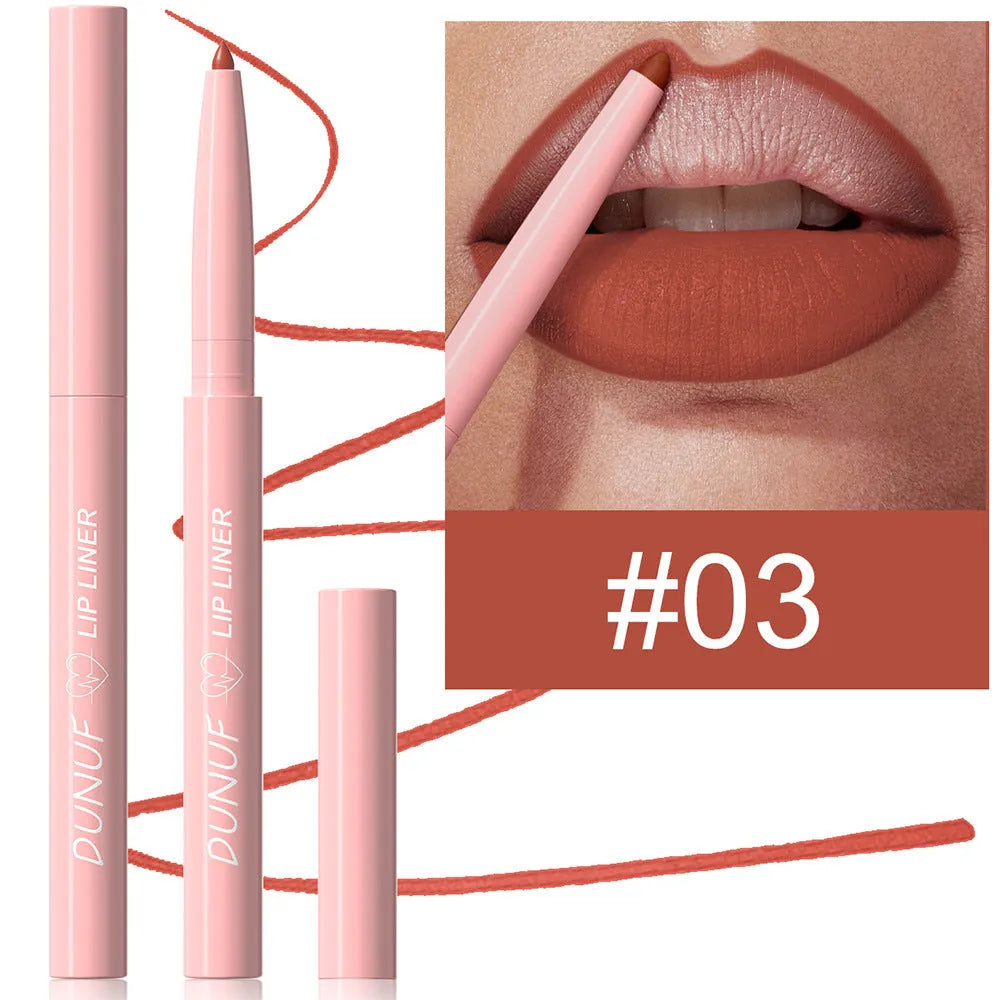 Velvet matte lip liner pencil in a display of 12 different colour shades.