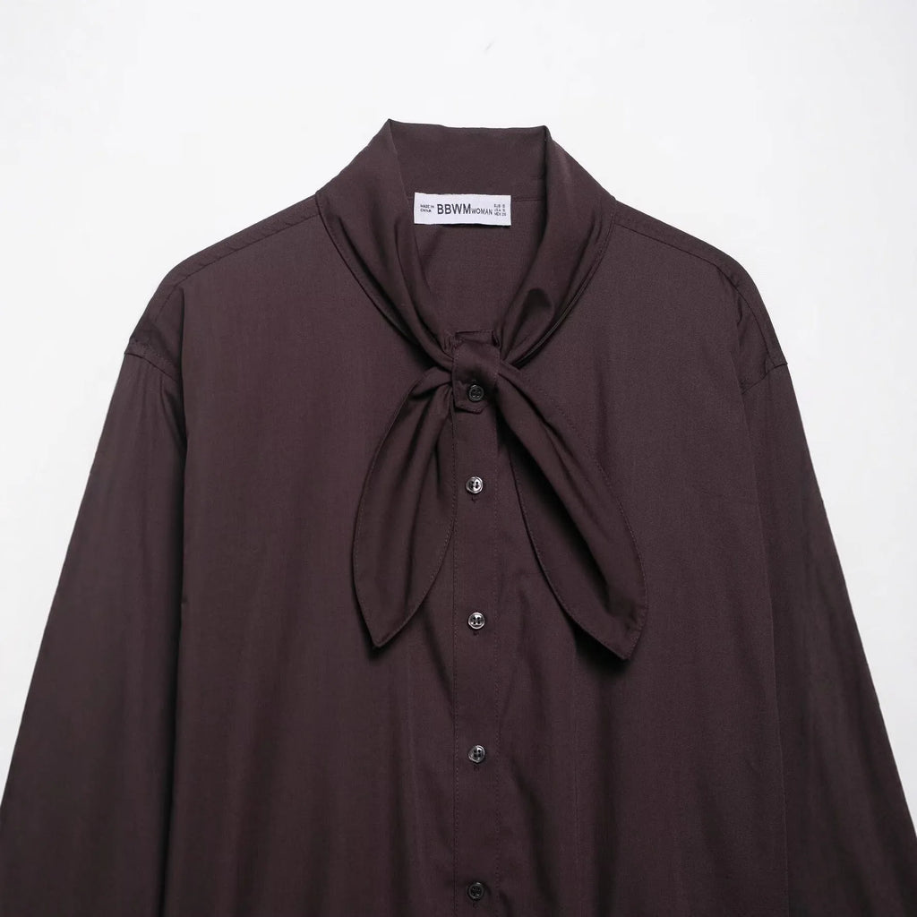 Brown women's poplin shirt with bow tie scarf, long sleeves, loose fit