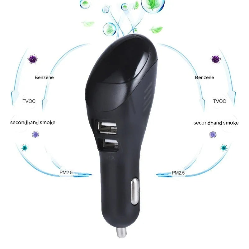 White car USB charger with negative ion purifier showing compact dimensions