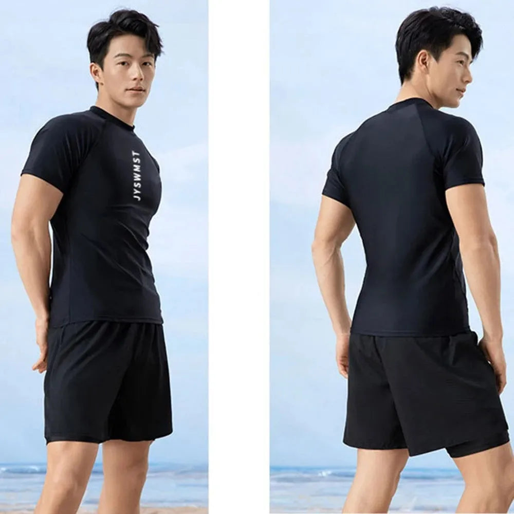 Men's plus size swimming suit set with top and pants in polyester fabric