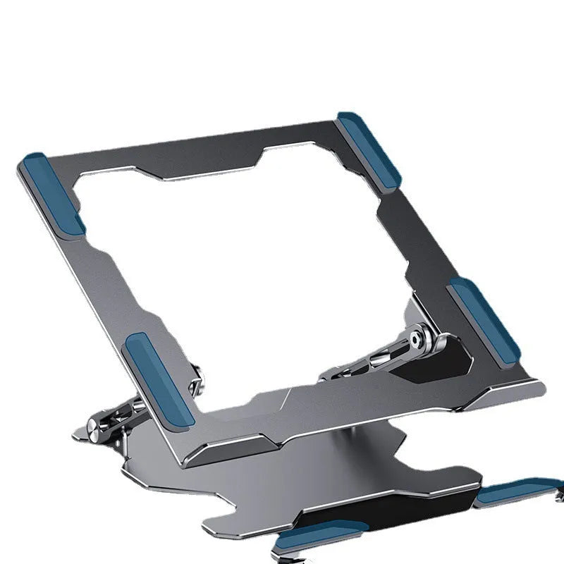Grey aluminium adjustable laptop stand holding a silver laptop, showing its hollow design and folded position.