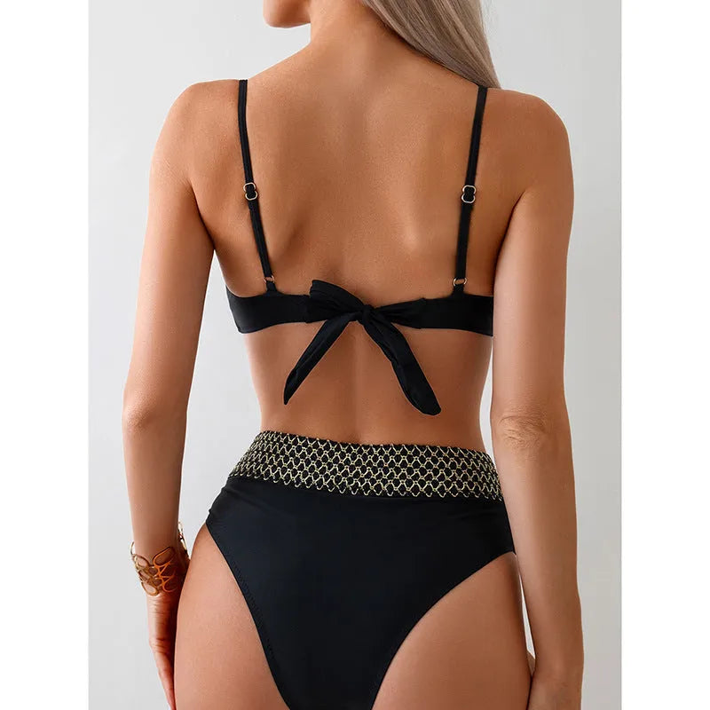 Black European American style bikini swimsuit with sleeveless top and split briefs