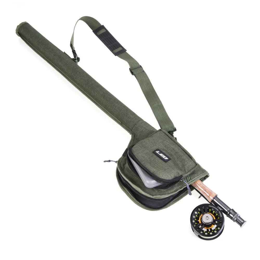 Green canvas fishing rod bag 81cm long lying flat on a surface showing the fabric texture and stitching