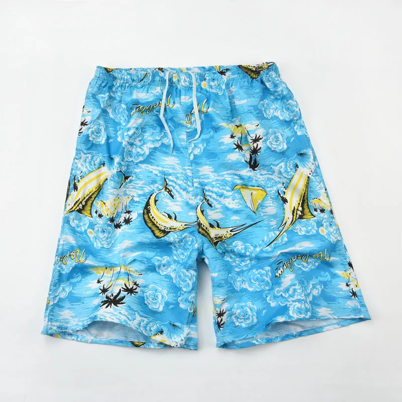 Men's floral printed swimming trunks in polyester with five-point design for beach and pool use