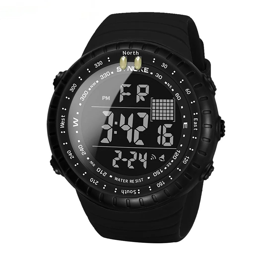 Black men's waterproof outdoor electronic watch with large digital dial on a PU strap.