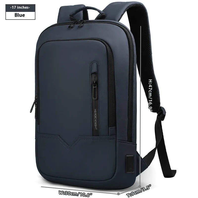 Men's lightweight polyester laptop backpack with USB port in black, shown in 14-inch size.