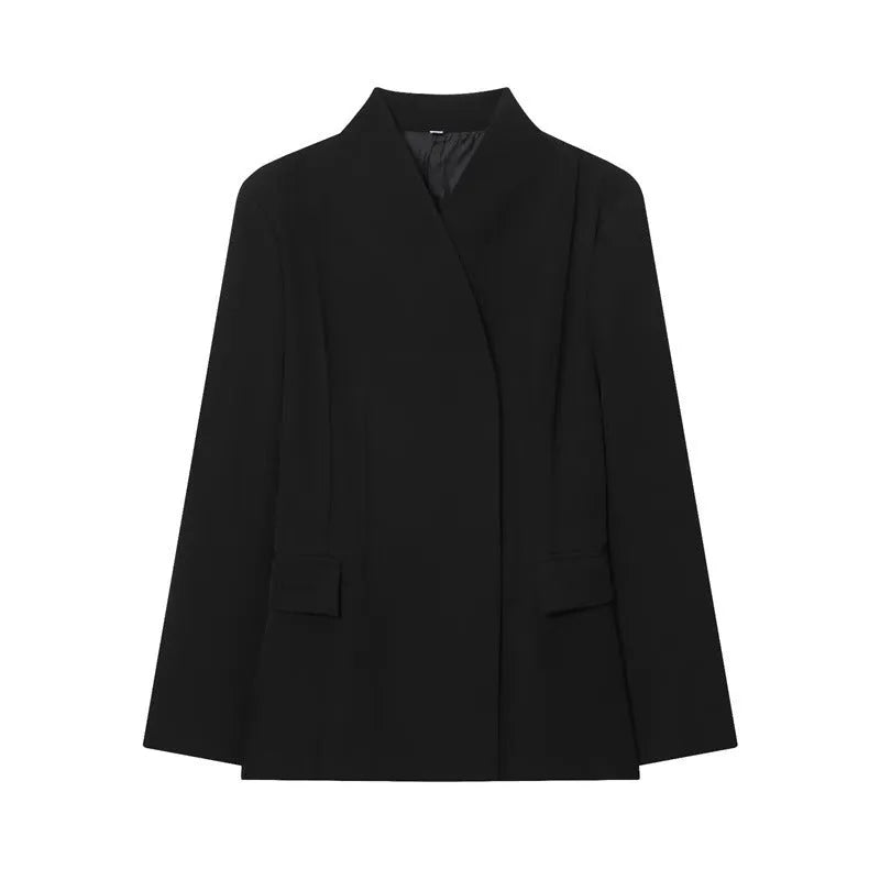Women's black long sleeved suit jacket with loose fit, made from blended polyester fibre