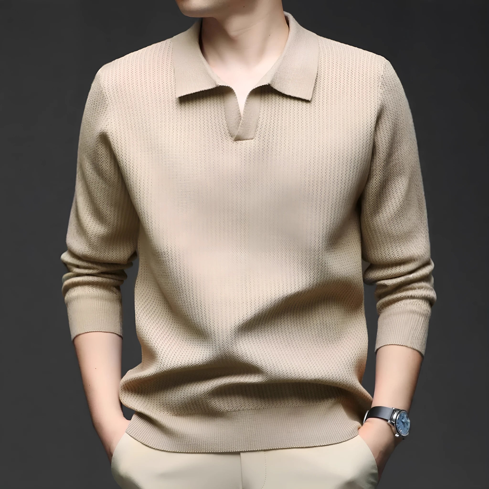 Men's loose fit casual pullover sweater in green, shown on a model for autumn leisure wear.
