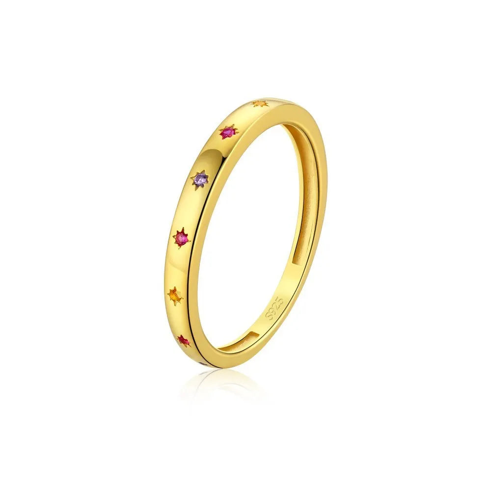 Six-pointed star candy-coloured diamond-embedded electroplated silver ring for women