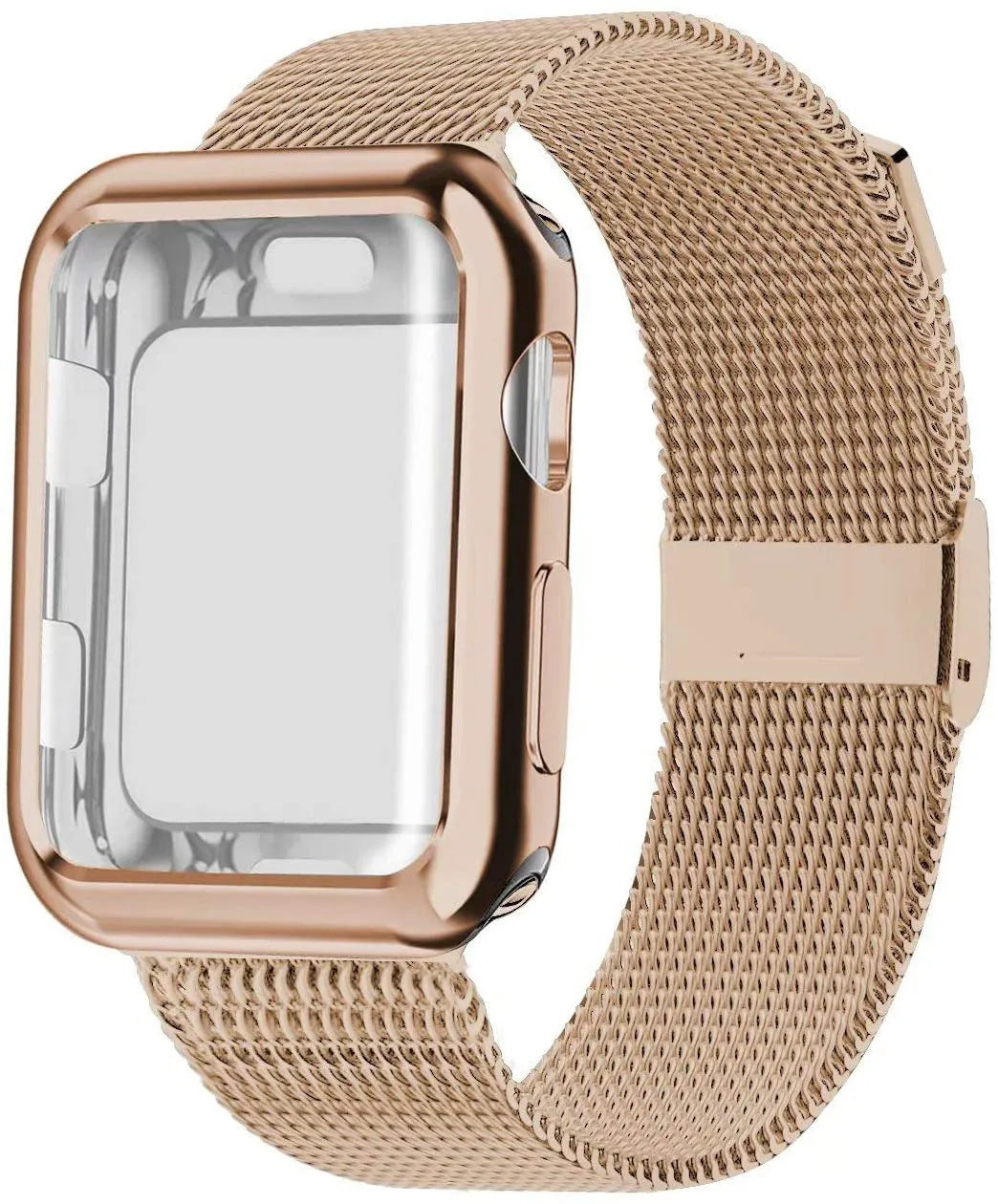 Silver magnetic Milanese loop metal band attached to an Apple Watch on a wrist, showing the adjustable magnetic clasp.