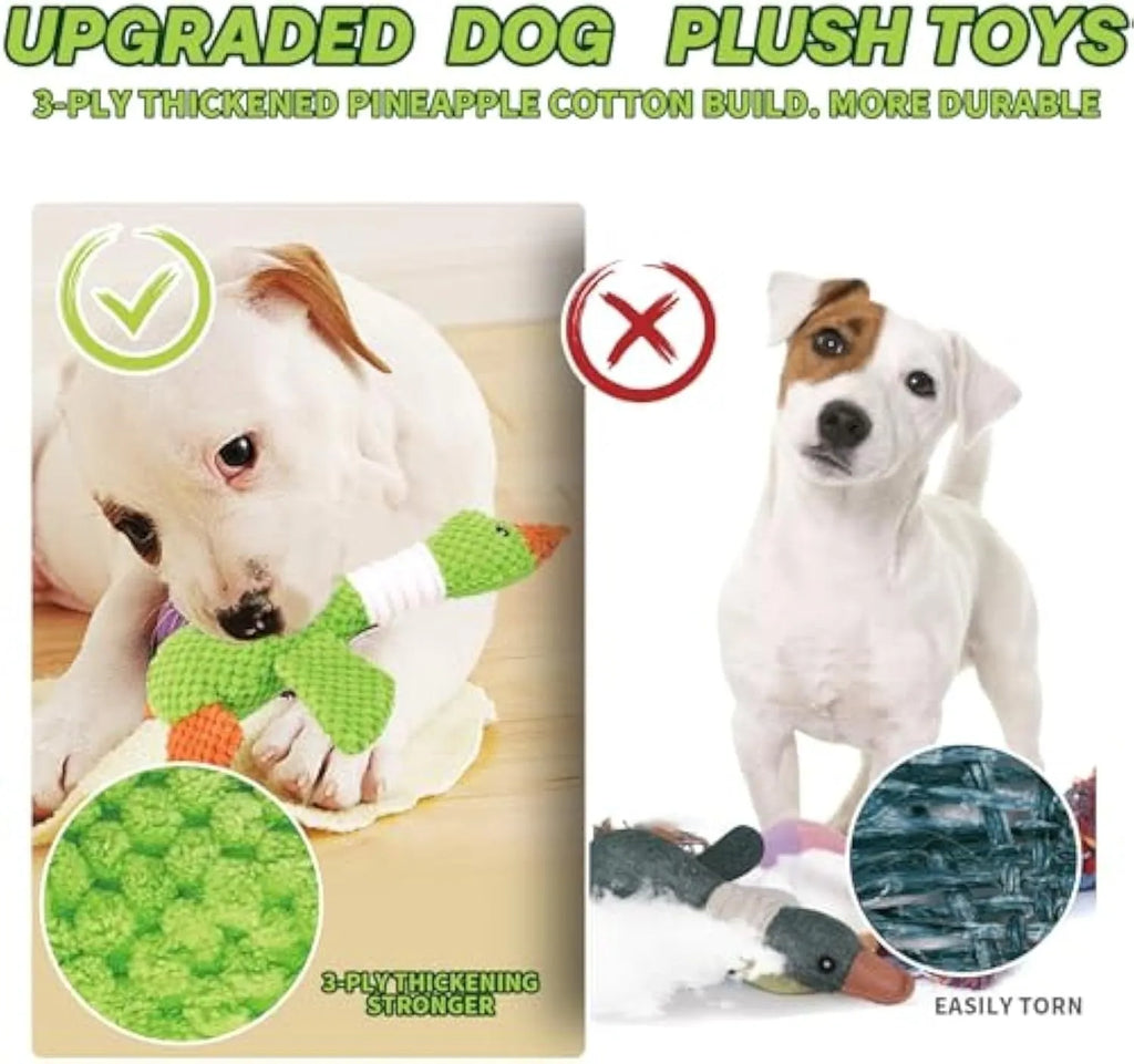 Blue durable duck plush dog toy with squeakers on a plain background