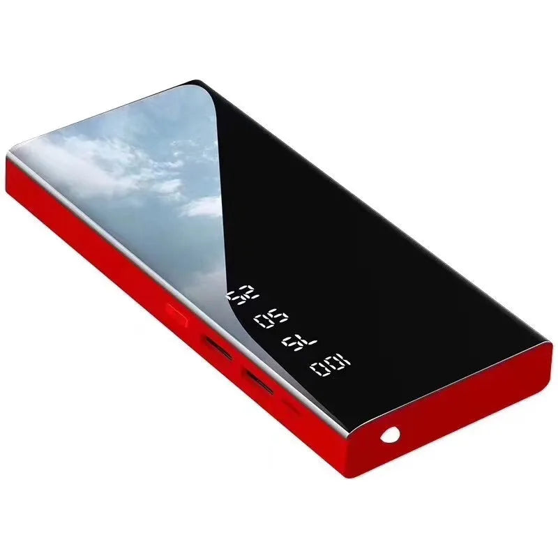 Black 20000mAh power bank with LCD display showing battery percentage and dual USB ports