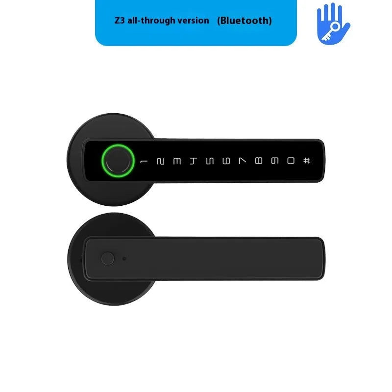 Black smart door lock with fingerprint scanner and credit card-style doodle board for wooden interior doors