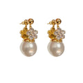 Korean style double-sided flower pearl ear clips with real gold plating on copper, gold colour, women's clip-on earrings