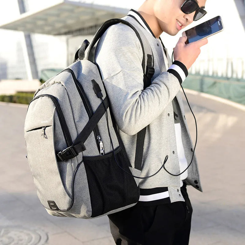 Men's polyester backpack in dark blue with computer pocket, 32x48x18cm, for travel and school use
