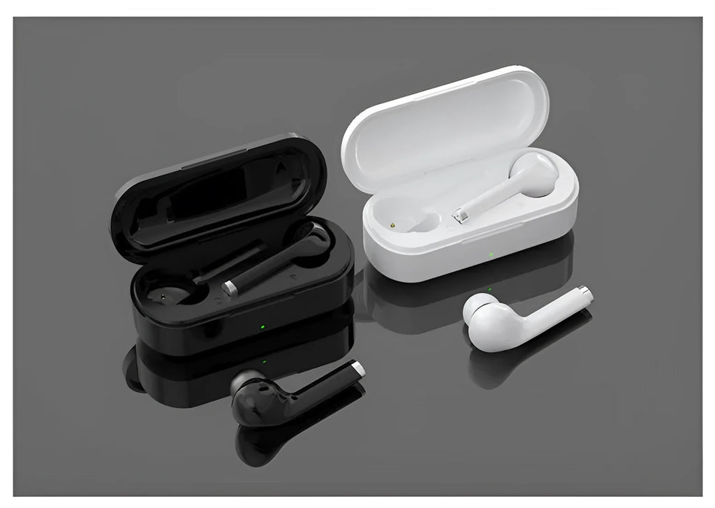 Black and white wireless Bluetooth 5.0 earbuds with USB charging dock showing true wireless design