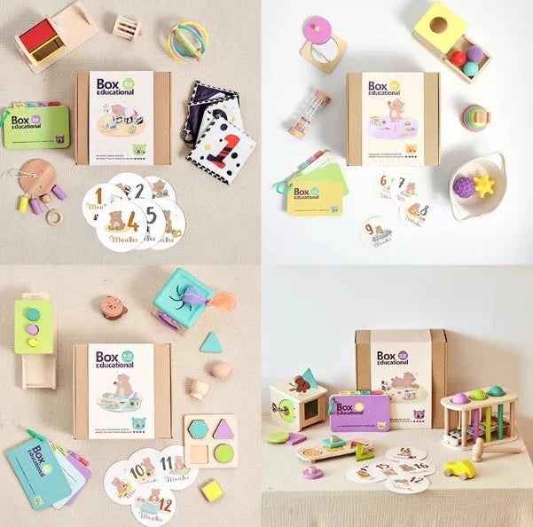 Educational wooden Montessori rattle set with black and white cards and ball chime in colour box packaging