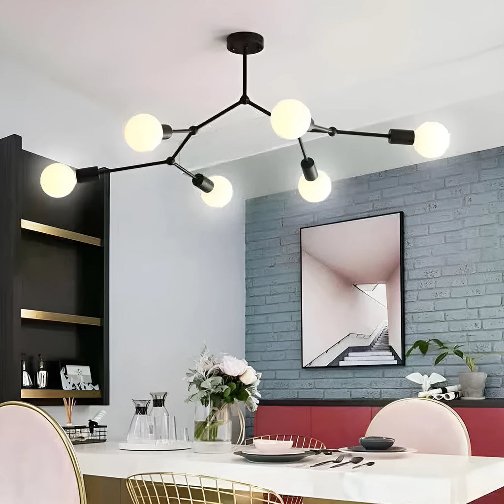 Nordic-style black iron ceiling chandelier with six extended arms against a white background